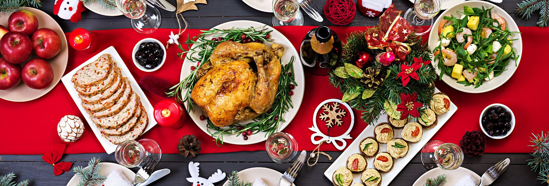 Christmas table full of festive food